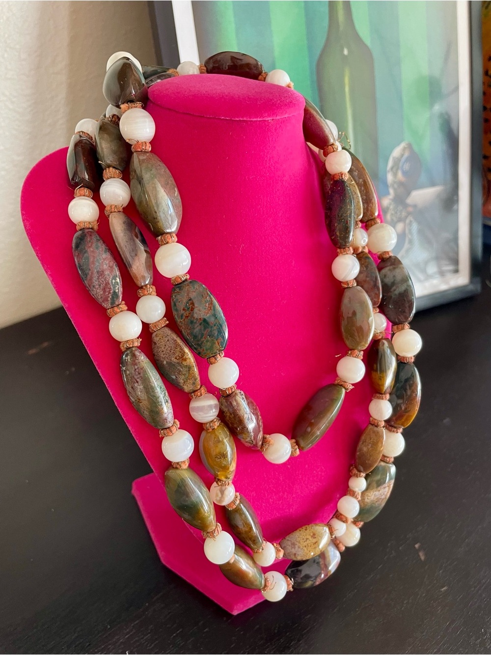 Heavy 56” Beaded Jasper & Quartz Handmade Necklace